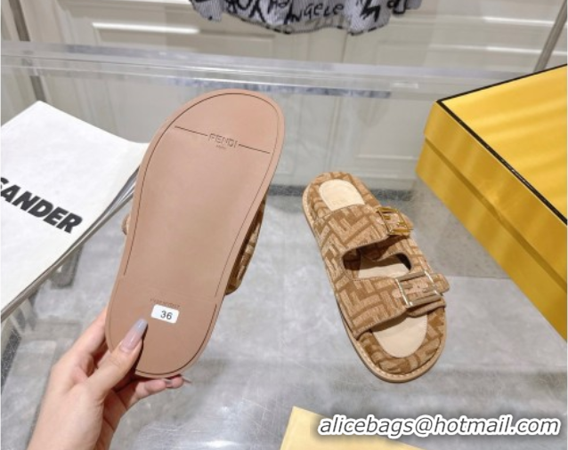 Purchase Fendi Feel Flat Slides Sandal in FF Fabric Beige/Brown 0710066