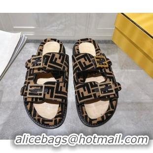 Shop Duplicate Fendi Feel Flat Slides Sandal in FF Fabric Black/Brown 0710067