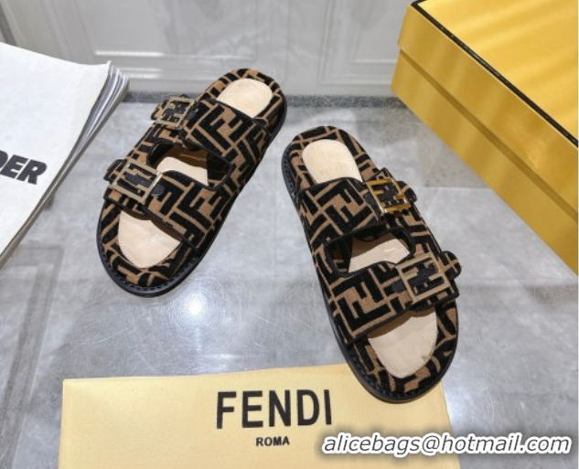 Shop Duplicate Fendi Feel Flat Slides Sandal in FF Fabric Black/Brown 0710067