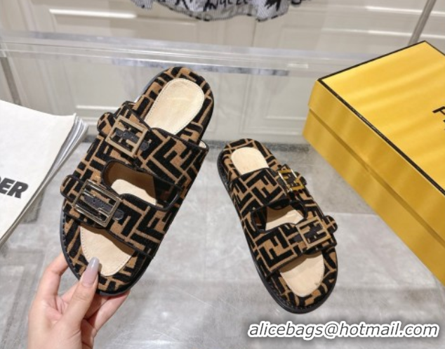 Shop Duplicate Fendi Feel Flat Slides Sandal in FF Fabric Black/Brown 0710067