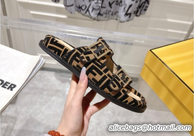 Shop Duplicate Fendi Feel Flat Slides Sandal in FF Fabric Black/Brown 0710067