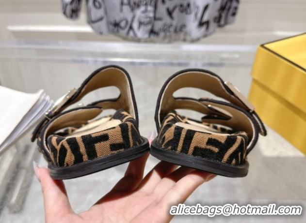 Shop Duplicate Fendi Feel Flat Slides Sandal in FF Fabric Black/Brown 0710067