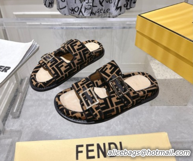 Shop Duplicate Fendi Feel Flat Slides Sandal in FF Fabric Black/Brown 0710067