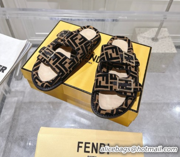 Shop Duplicate Fendi Feel Flat Slides Sandal in FF Fabric Black/Brown 0710067