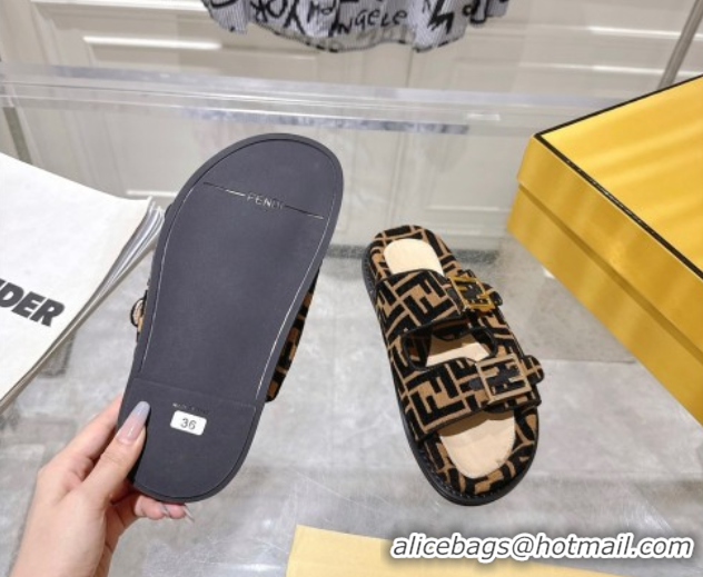 Shop Duplicate Fendi Feel Flat Slides Sandal in FF Fabric Black/Brown 0710067
