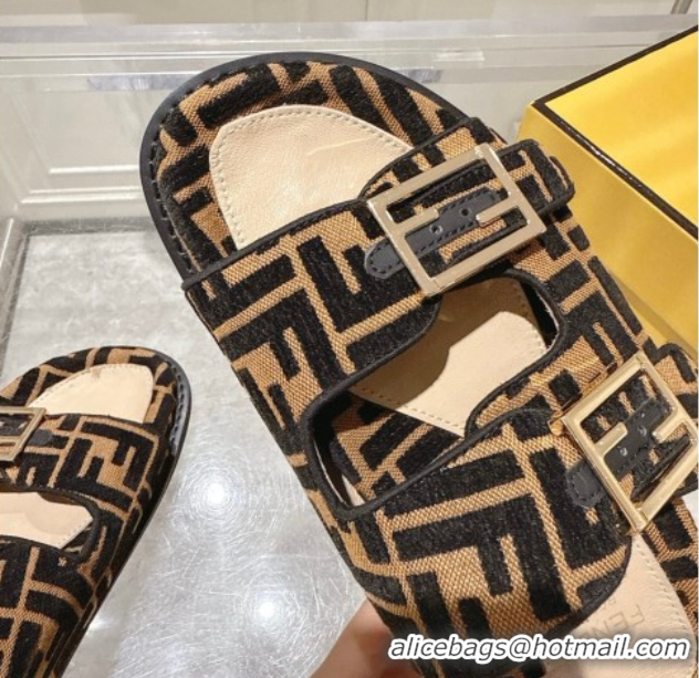 Shop Duplicate Fendi Feel Flat Slides Sandal in FF Fabric Black/Brown 0710067