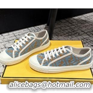 Perfect Fendi Domino Low top sneakers in FF Fabric Light Blue/Brown 0710072