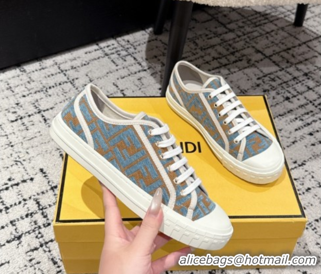 Perfect Fendi Domino Low top sneakers in FF Fabric Light Blue/Brown 0710072