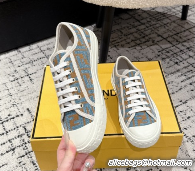 Perfect Fendi Domino Low top sneakers in FF Fabric Light Blue/Brown 0710072