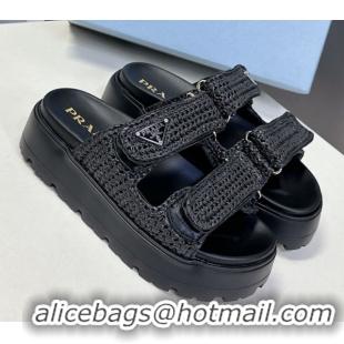 Stylish Prada Crochet platform slides sandal 4.5cm Black 0530004