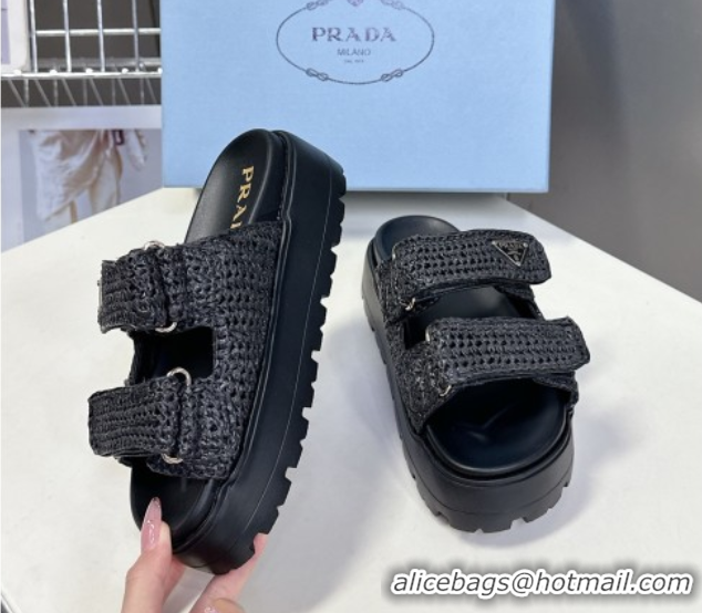 Stylish Prada Crochet platform slides sandal 4.5cm Black 0530004
