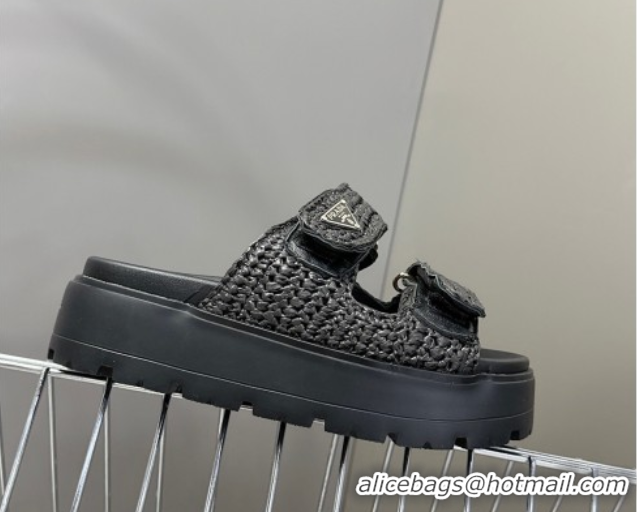 Stylish Prada Crochet platform slides sandal 4.5cm Black 0530004