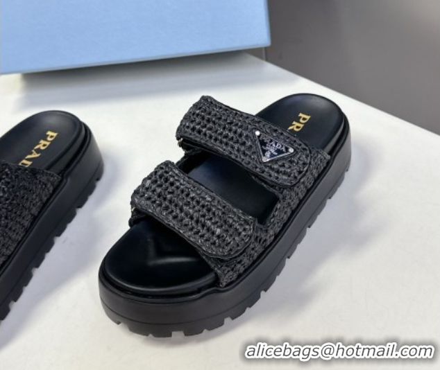 Stylish Prada Crochet platform slides sandal 4.5cm Black 0530004