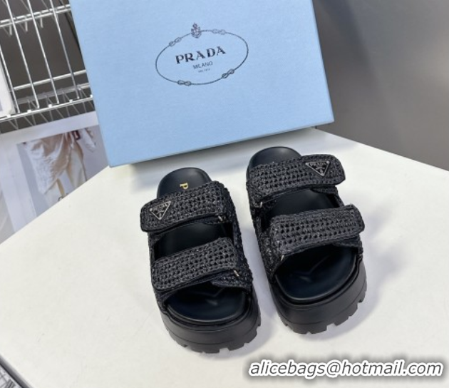 Stylish Prada Crochet platform slides sandal 4.5cm Black 0530004