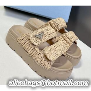 Good Quality Prada Crochet platform slides sandal 4.5cm Beige 50530005