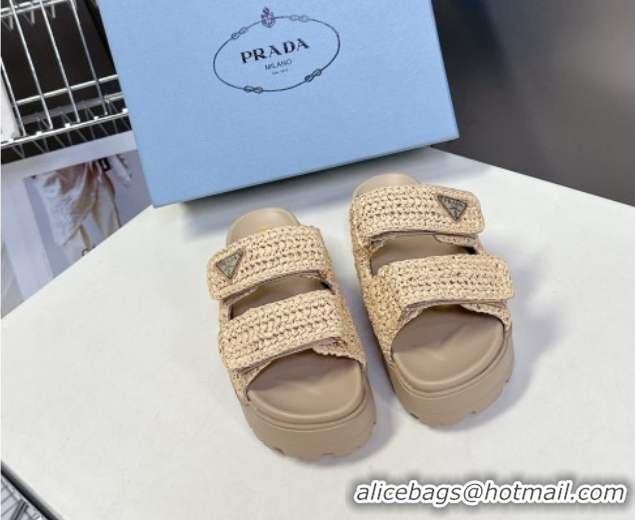 Good Quality Prada Crochet platform slides sandal 4.5cm Beige 50530005