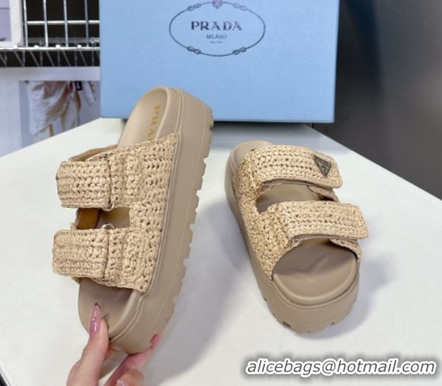 Good Quality Prada Crochet platform slides sandal 4.5cm Beige 50530005
