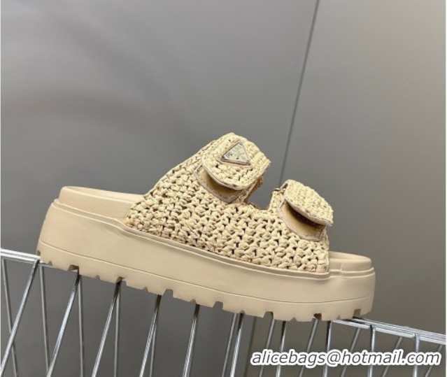 Good Quality Prada Crochet platform slides sandal 4.5cm Beige 50530005