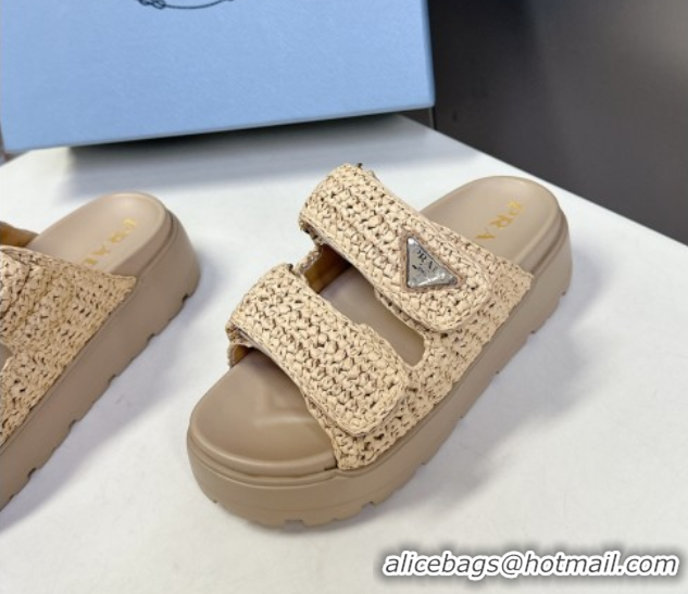 Good Quality Prada Crochet platform slides sandal 4.5cm Beige 50530005