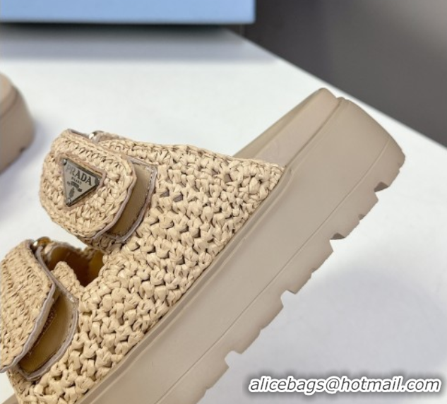 Good Quality Prada Crochet platform slides sandal 4.5cm Beige 50530005