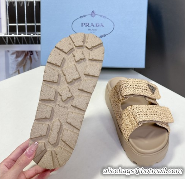 Good Quality Prada Crochet platform slides sandal 4.5cm Beige 50530005