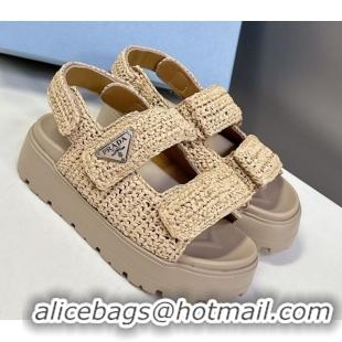 Top Grade Prada Crochet platform sandals 4.5cm Beige 2025 PR053001 0530009