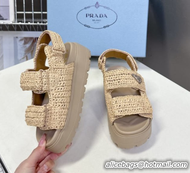 Top Grade Prada Crochet platform sandals 4.5cm Beige 2025 PR053001 0530009