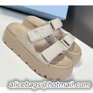 Best Grade Prada Padded nappa leather platform slides sandal 4.5cm Beige 1XZ775 0530014