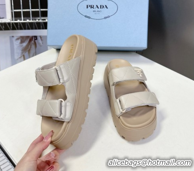 Best Grade Prada Padded nappa leather platform slides sandal 4.5cm Beige 1XZ775 0530014