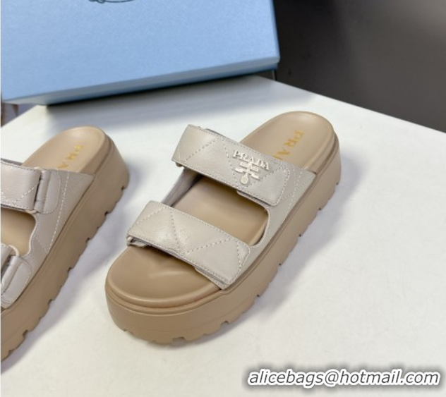 Best Grade Prada Padded nappa leather platform slides sandal 4.5cm Beige 1XZ775 0530014