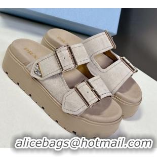 Best Price Prada Suede Platform strap slides sandal 4.5cm with buckle Light Beige 1XX692 0530016