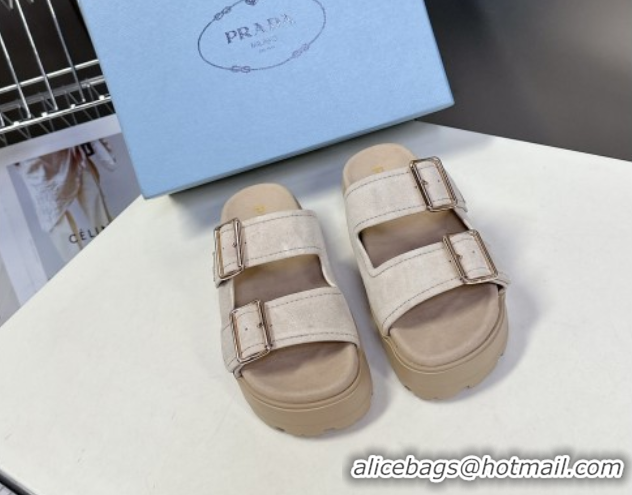Best Price Prada Suede Platform strap slides sandal 4.5cm with buckle Light Beige 1XX692 0530016