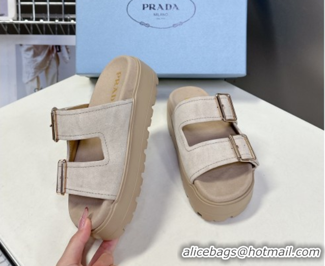 Best Price Prada Suede Platform strap slides sandal 4.5cm with buckle Light Beige 1XX692 0530016