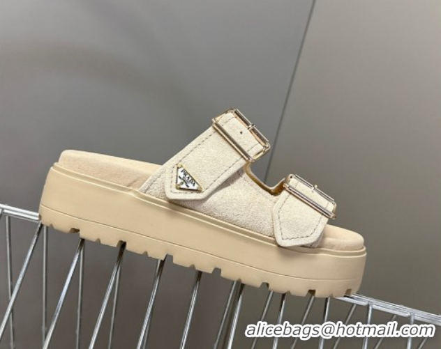 Best Price Prada Suede Platform strap slides sandal 4.5cm with buckle Light Beige 1XX692 0530016