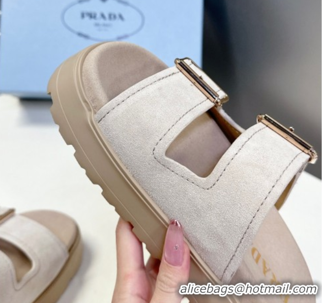 Best Price Prada Suede Platform strap slides sandal 4.5cm with buckle Light Beige 1XX692 0530016