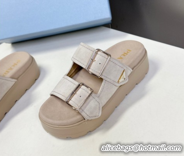 Best Price Prada Suede Platform strap slides sandal 4.5cm with buckle Light Beige 1XX692 0530016