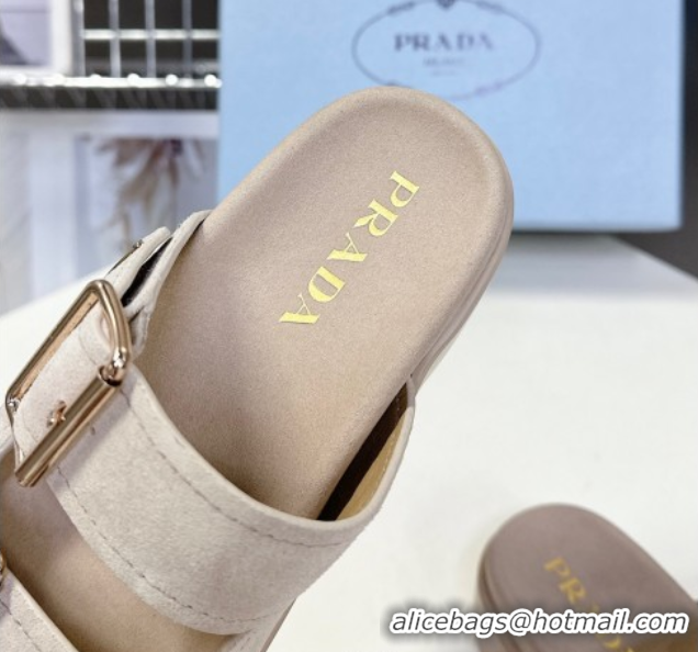 Best Price Prada Suede Platform strap slides sandal 4.5cm with buckle Light Beige 1XX692 0530016