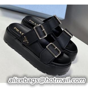 Top Design Prada Matte Leather Platform strap slides sandal 4.5cm with buckle Black 0530017
