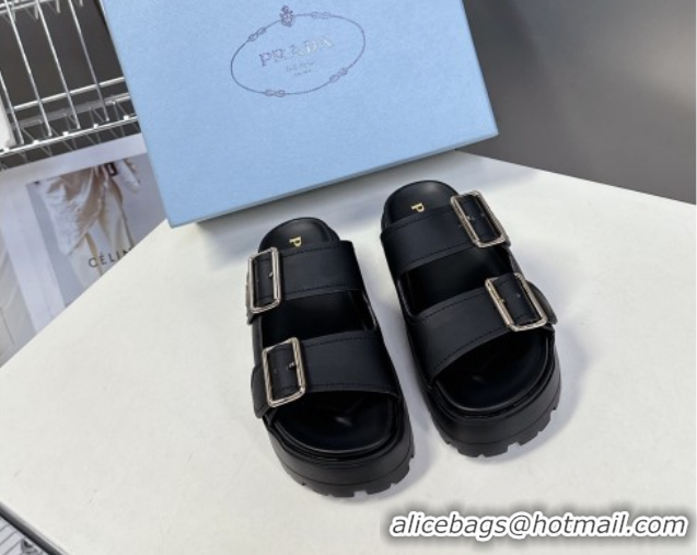 Top Design Prada Matte Leather Platform strap slides sandal 4.5cm with buckle Black 0530017