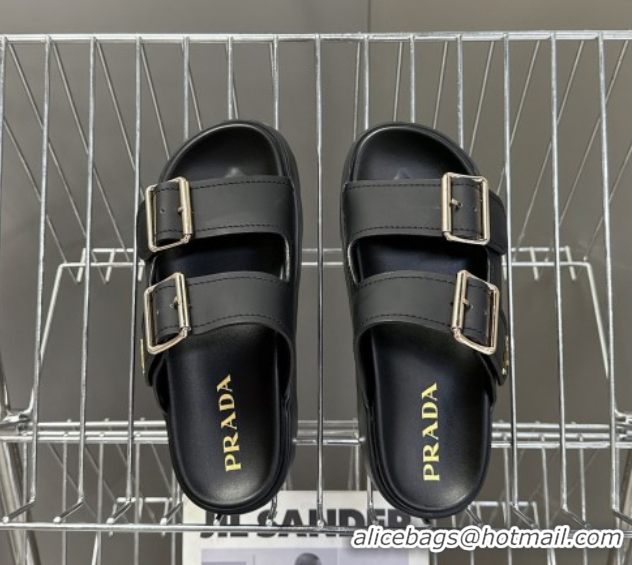 Top Design Prada Matte Leather Platform strap slides sandal 4.5cm with buckle Black 0530017