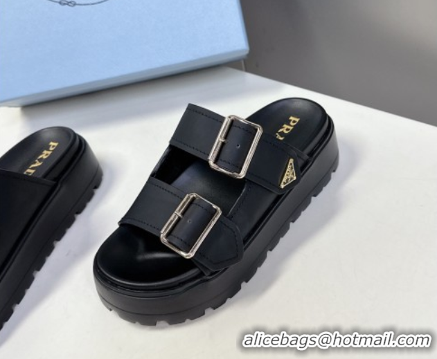 Top Design Prada Matte Leather Platform strap slides sandal 4.5cm with buckle Black 0530017