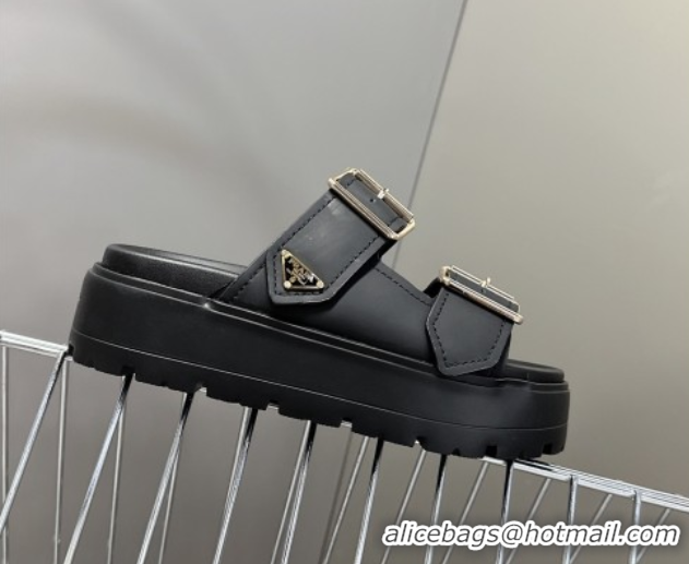 Top Design Prada Matte Leather Platform strap slides sandal 4.5cm with buckle Black 0530017