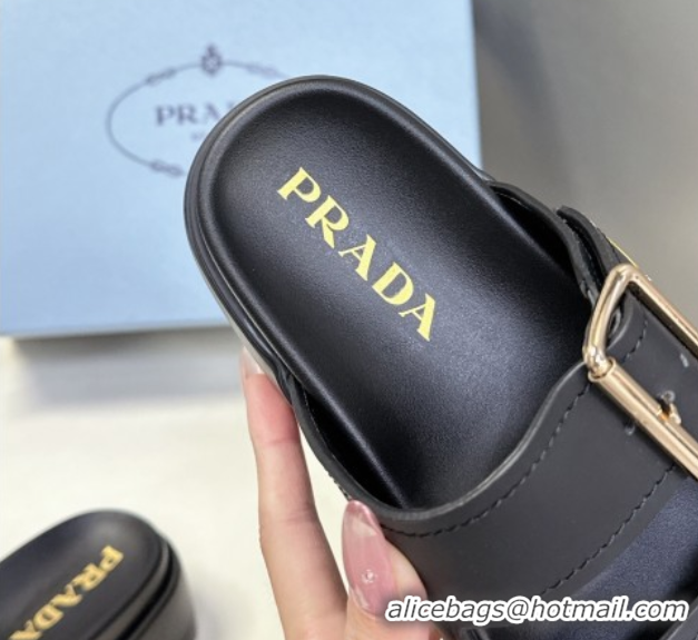 Top Design Prada Matte Leather Platform strap slides sandal 4.5cm with buckle Black 0530017