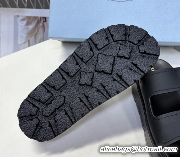 Top Design Prada Matte Leather Platform strap slides sandal 4.5cm with buckle Black 0530017