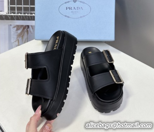 Top Design Prada Matte Leather Platform strap slides sandal 4.5cm with buckle Black 0530017