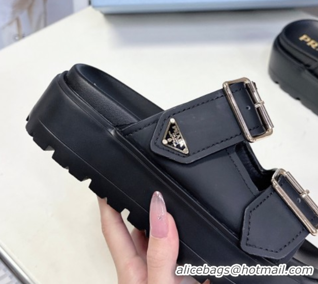 Top Design Prada Matte Leather Platform strap slides sandal 4.5cm with buckle Black 0530017
