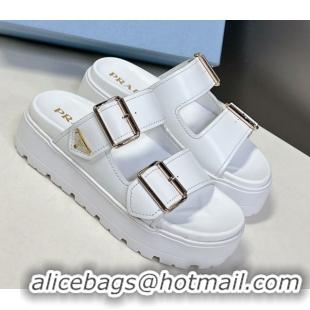 Cheap Price Prada Leather Platform strap slides sandal 4.5cm with buckle White 1XX692 0530018