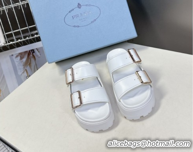 Cheap Price Prada Leather Platform strap slides sandal 4.5cm with buckle White 1XX692 0530018