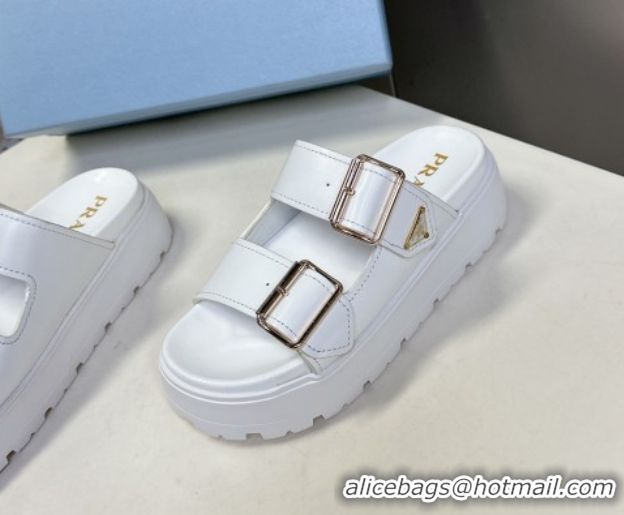 Cheap Price Prada Leather Platform strap slides sandal 4.5cm with buckle White 1XX692 0530018