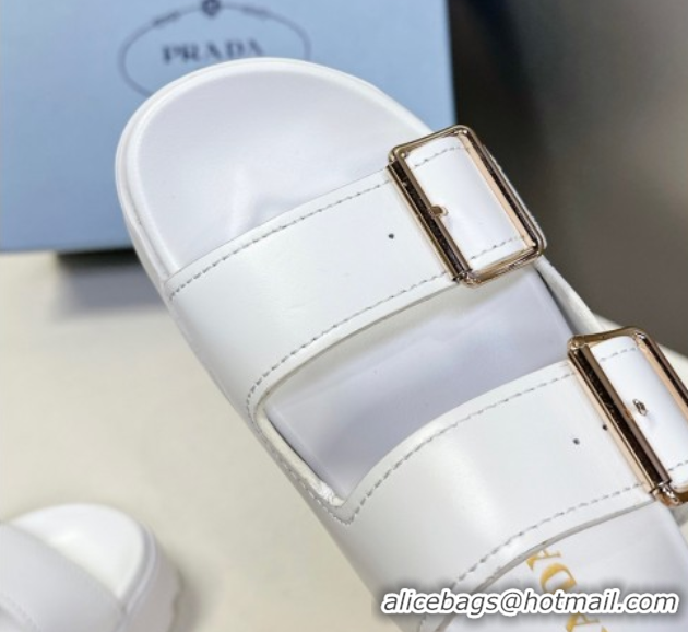 Cheap Price Prada Leather Platform strap slides sandal 4.5cm with buckle White 1XX692 0530018